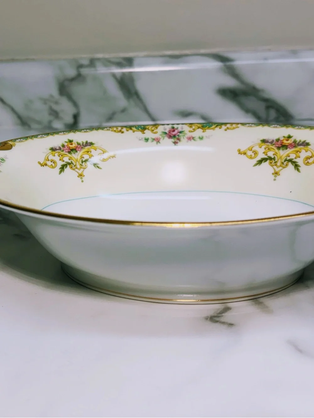 Vintage Floral Gold-Trim Serving Platter - Cream and Pink